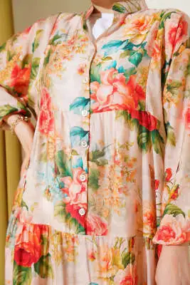 Ebruli Gül Desenli Elbise Yeşil - Tesettür Elbise