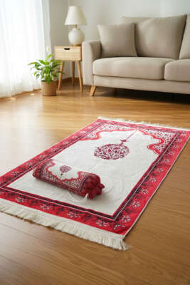 Ebruli Motifli Keseli Seccade Kırmızı - MİSS İPEK