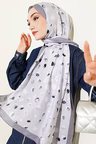 Ebruli Puantiye Desen Şal Gri - Başörtüsü