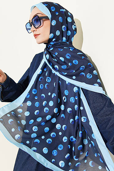 Ebruli Puantiye Desen Şal Lacivert - Başörtüsü