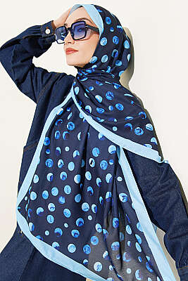 Ebruli Puantiye Desen Şal Lacivert - Başörtüsü