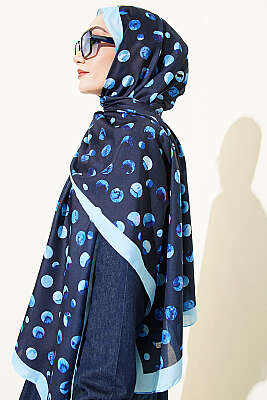 Ebruli Puantiye Desen Şal Lacivert - Başörtüsü