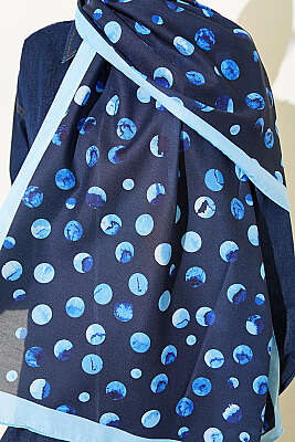 Ebruli Puantiye Desen Şal Lacivert - Başörtüsü