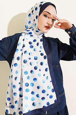 Ebruli Puantiye Desen Şal Lacivert Ekru - ECENUR