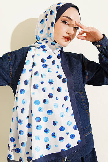 Ebruli Puantiye Desen Şal Lacivert Ekru - Başörtüsü