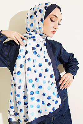 Ebruli Puantiye Desen Şal Lacivert Ekru - Başörtüsü