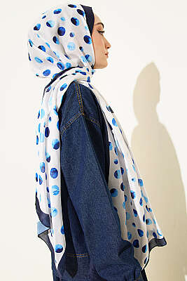 Ebruli Puantiye Desen Şal Lacivert Ekru - Başörtüsü