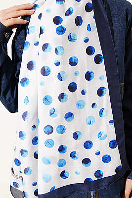 Ebruli Puantiye Desen Şal Lacivert Ekru - Başörtüsü