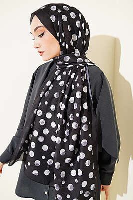 Ebruli Puantiye Desen Şal Siyah - Başörtüsü