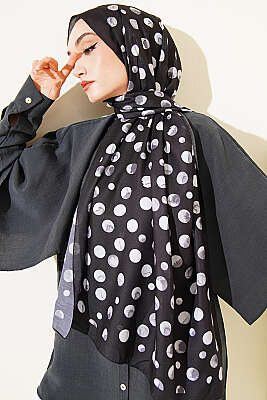 Ebruli Puantiye Desen Şal Siyah - Başörtüsü