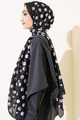 Ebruli Puantiye Desen Şal Siyah - Başörtüsü