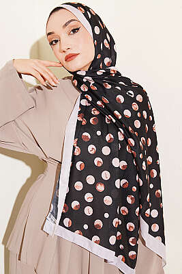 Ebruli Puantiye Desen Şal Siyah Bej - Başörtüsü
