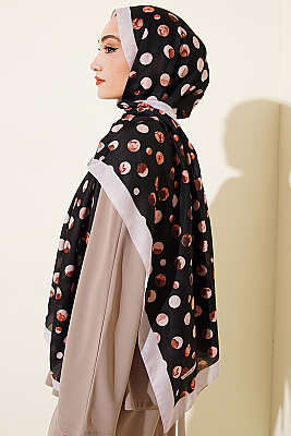 Ebruli Puantiye Desen Şal Siyah Bej - Başörtüsü