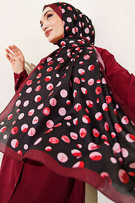 Ebruli Puantiye Desen Şal Siyah Bordo 