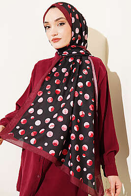Ebruli Puantiye Desen Şal Siyah Bordo - Başörtüsü