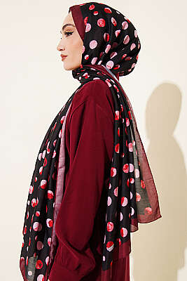 Ebruli Puantiye Desen Şal Siyah Bordo - Başörtüsü