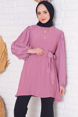 Salaş Model Beli Kuşaklı Magenta Tunik 