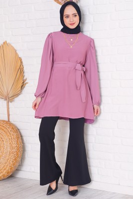 Salaş Model Beli Kuşaklı Magenta Tunik - Tunik