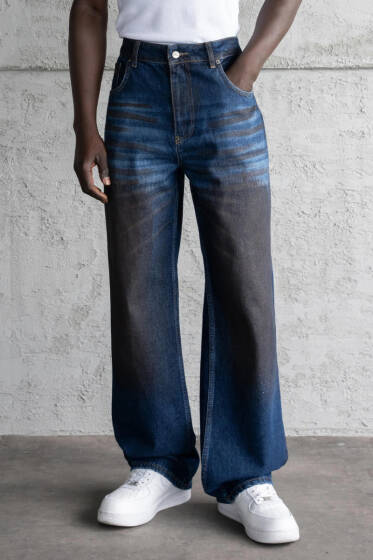 Efektli Baggy Erkek Kot Pantolon Koyu Mavi - Erkek Pantolon