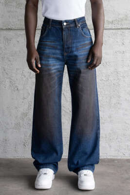 Efektli Baggy Erkek Kot Pantolon Koyu Mavi - Erkek Pantolon