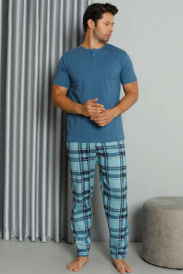 Ekose Baskılı Düğmeli Kısa Kol Pijama Takım İndigo - Kadın Pijama Takımı