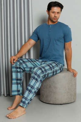 Ekose Baskılı Düğmeli Kısa Kol Pijama Takım İndigo 