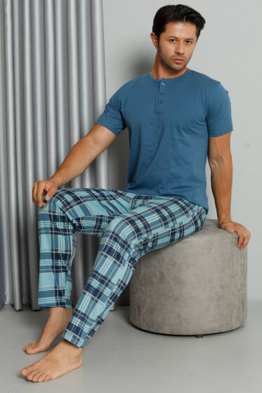 Ekose Baskılı Düğmeli Kısa Kol Pijama Takım İndigo - Pijama