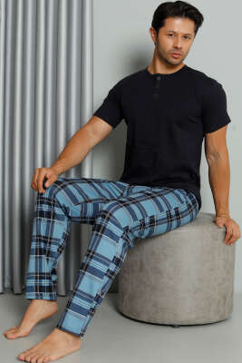 Ekose Baskılı Düğmeli Kısa Kol Pijama Takım Lacivert 