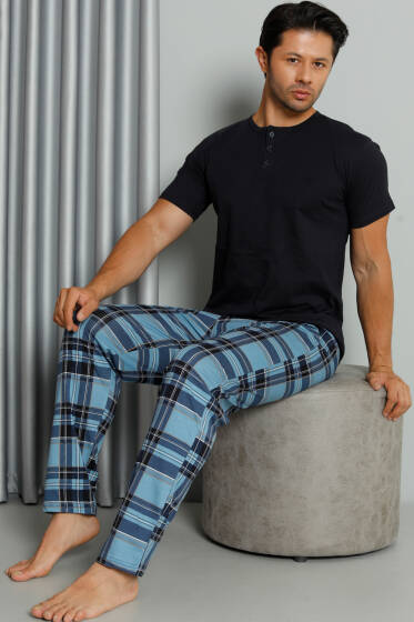 Ekose Baskılı Düğmeli Kısa Kol Pijama Takım Lacivert - Pijama