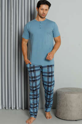 Ekose Baskılı Düğmeli Kısa Kol Pijama Takım Mavi - Kadın Pijama Takımı