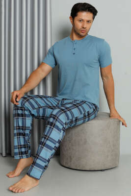 Ekose Baskılı Düğmeli Kısa Kol Pijama Takım Mavi