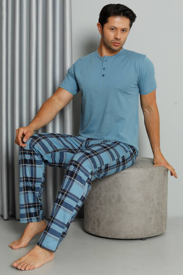 Ekose Baskılı Düğmeli Kısa Kol Pijama Takım Mavi - Pijama