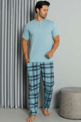 Ekose Baskılı Düğmeli Kısa Kol Pijama Takım Mint - ERKEK PİJAMA