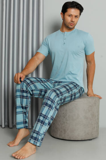 Ekose Baskılı Düğmeli Kısa Kol Pijama Takım Mint - Pijama