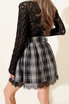 Ekose Dantelli Pileli Etek Gri - Kadın Giyim Modelleri