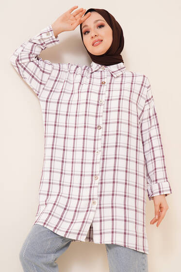 Ekose Desen Ayrobin Gömlek Lila - Gömlek