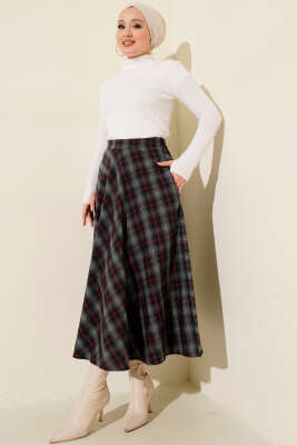 Ekose Desen Cepli Kaşe Etek Bordo Çizgili - Etek