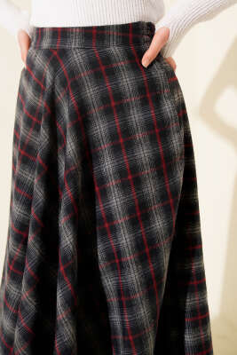 Ekose Desen Cepli Kaşe Etek Bordo Çizgili - Etek