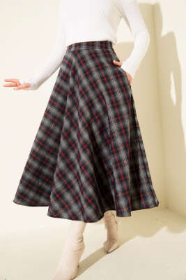 Ekose Desen Cepli Kaşe Etek Bordo Çizgili 