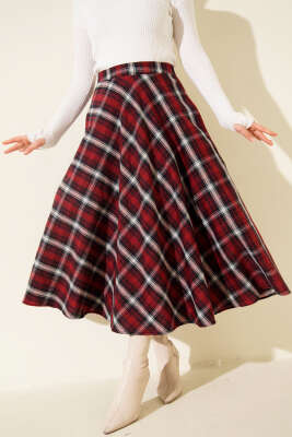 Ekose Desen Cepli Kaşe Etek Bordo - CALİENTE