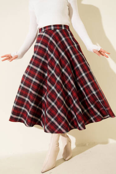 Ekose Desen Cepli Kaşe Etek Bordo - Etek