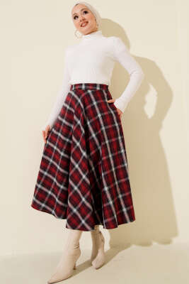 Ekose Desen Cepli Kaşe Etek Bordo - Etek