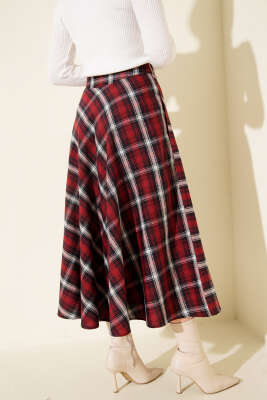 Ekose Desen Cepli Kaşe Etek Bordo - Etek