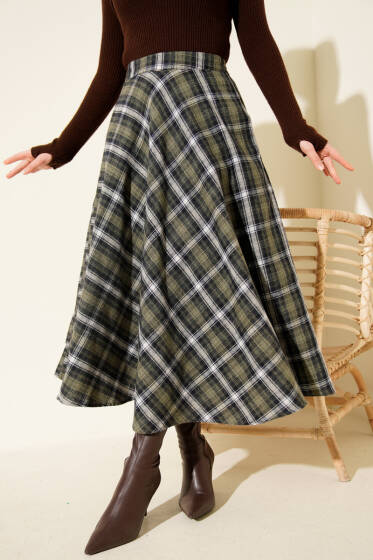 Ekose Desen Cepli Kaşe Etek Haki - Etek