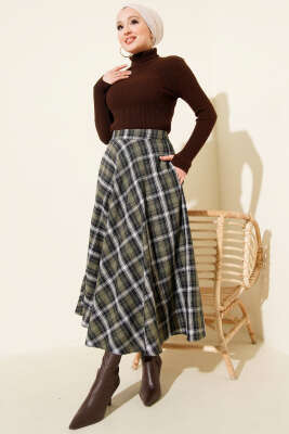 Ekose Desen Cepli Kaşe Etek Haki - Etek
