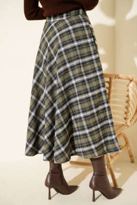 Ekose Desen Cepli Kaşe Etek Haki - Etek