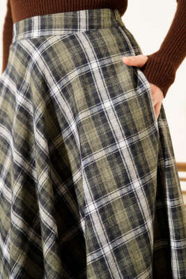 Ekose Desen Cepli Kaşe Etek Haki - Etek