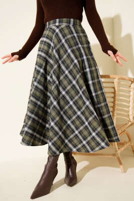 Ekose Desen Cepli Kaşe Etek Haki