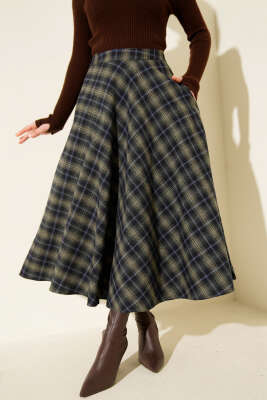 Ekose Desen Cepli Kaşe Etek Haki Lacivert 