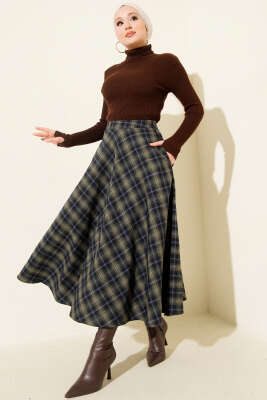 Ekose Desen Cepli Kaşe Etek Haki Lacivert - Günün Seçilenleri